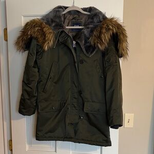 GAP Dark Green Coat with Faux Fur Hood